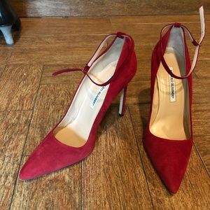 Manolo Blahnik red suede pointed toe pumps